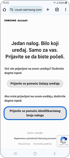 Prijavite se sa svojim identifikacionim brojem naloga na veb stranici Samsung naloga
