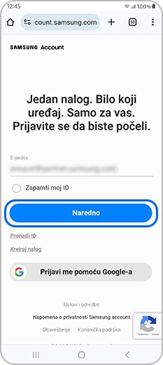 Unesite adresu e-pošte svog Samsung naloga. Dodirnite dugme Dalje