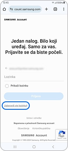 Hiperveza za zaboravljenu lozinku na stranici Samsung naloga