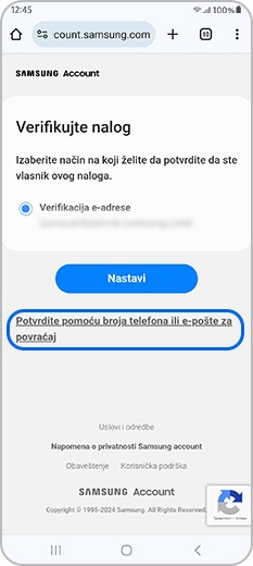 Verifikujte stranicu Samsung naloga pomoću broja za oporavak ili e-pošte