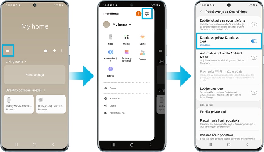 aplikacija smartthings na ekranu za podešavanje tap view