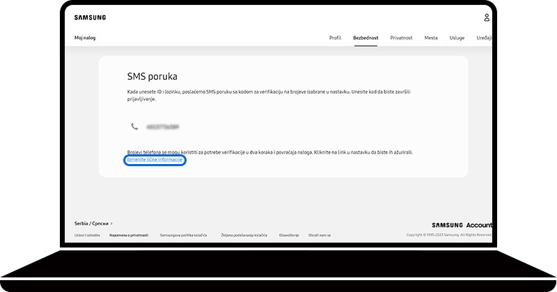 Uredi lične podatke označeno je u odeljku Tekstualna poruka na veb-sajtu Samsung naloga