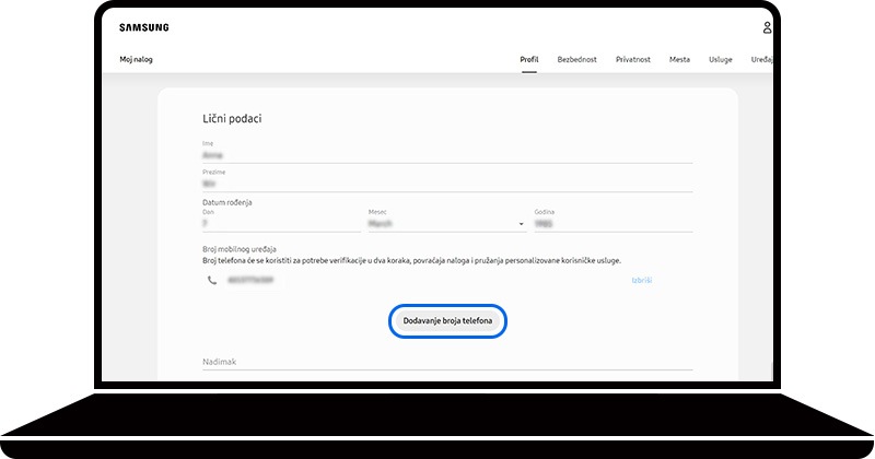 Dodaj broj telefona označeno je u odeljku Lični podaci na veb-sajtu Samsung naloga