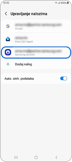 Samsung nalog je označen u okviru opcije Upravljanje nalozima