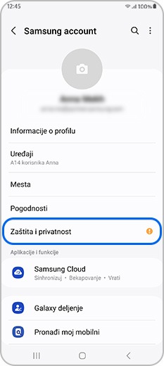 Sigurnost i privatnost označeni su u profilu Samsung naloga