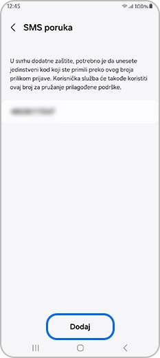 Dodaj je odabrano u meniju Tekstualne poruke opcija verifikacije u dva koraka