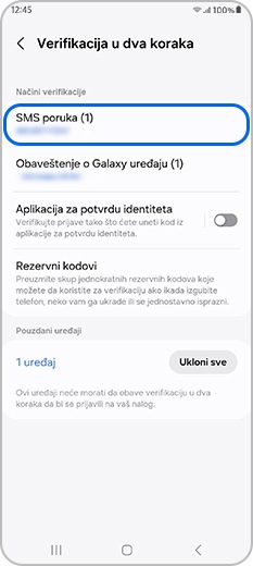 Tekstualna poruka je označena u okviru opcije Načini verifikacije u meniju Verifikacija u dva koraka