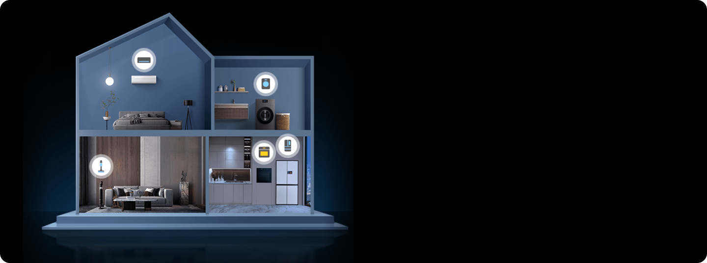 Умной бытовая техника на плане дома: холодильник, стиральная машина, пылесос для уборки, кондиционер. Современная техника управляется с мобильного приложения SmartThings.