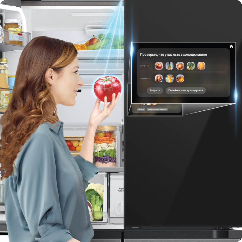 Умная техника для кухни Samsung Bespoke AI использует глубокое обучение и нейронне сети для автоматического распознавания продуктов внутри холодильника, предлагая индивидуальные рекомендации по рецептам и автоматически добавляя продукты в список покупок.