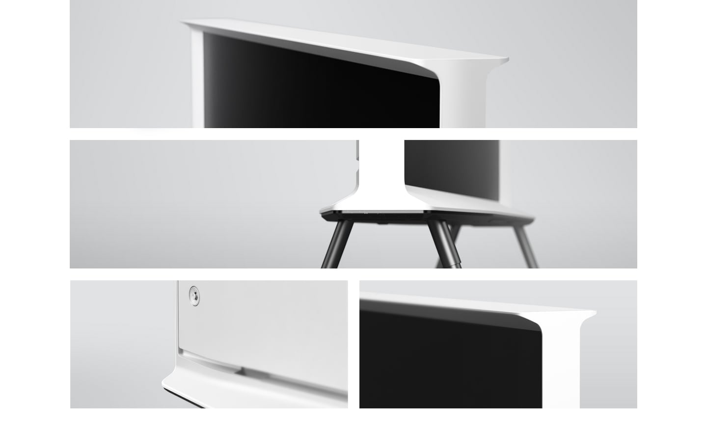 Four closeups of a Cloud White model of The Serif demonstrate the uniqueness of the iconic 'capital I' design and how great it looks from all angles. First from the top, then the profile, and finally, the back together next to a front angle of the right profile. As the video plays, each of the four images either rotates or shifts slowly to show a slightly different perspective.