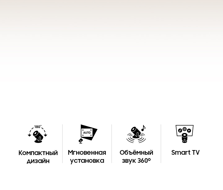 Close-up of The Freestyle. Icons for All Round Design 180°, Instant Setup AUTO, Premium 360 Sound, and Smart TV Experience.