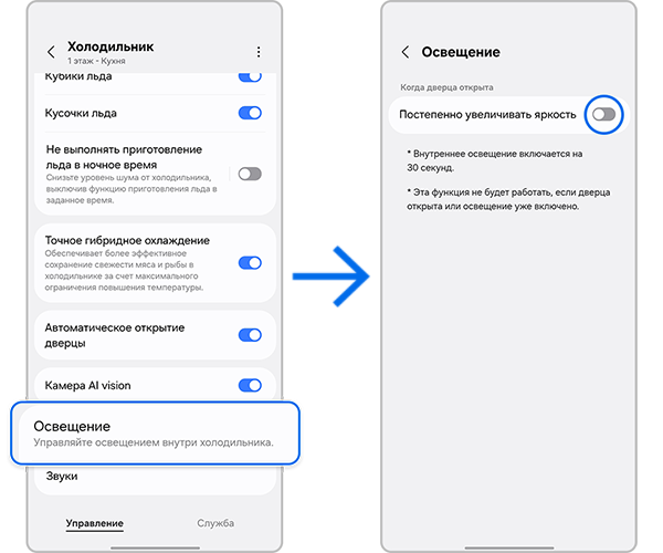 Освещение холодильника.