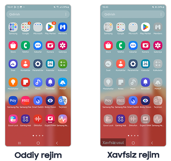 Oddiy va xavfsiz rejim ekranini solishtirish