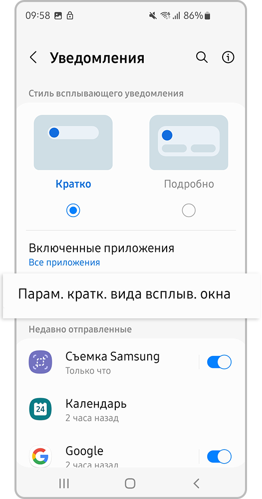 Выберите «Параметры краткого вида всплывающего окна»