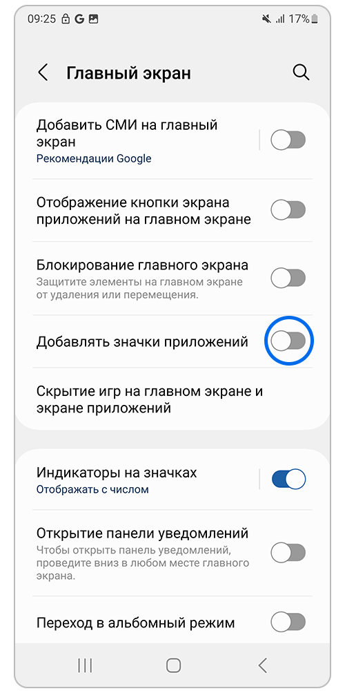 Ползунок "Добавлять значки приложений" неактивен