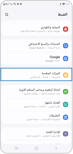 View of the “Settings” menu with the “Advanced features” option highlighted.