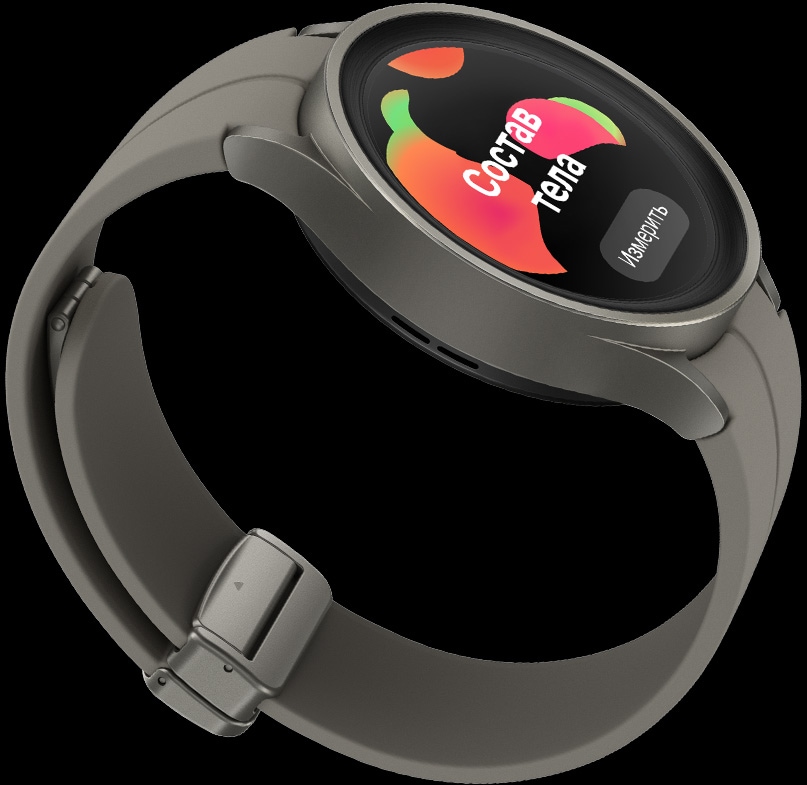 Умные часы Samsung Galaxy Watch5 Pro Wi-Fi NFC, серый титан 9 Угловой вид часов Titan Galaxy Watch5 Pro, показывающий интерфейс Body Composition на циферблате.