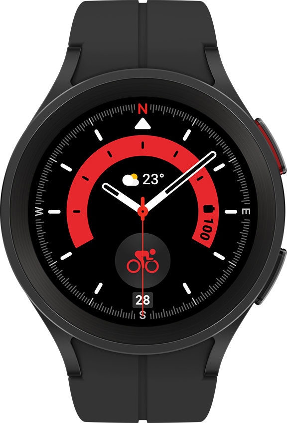 Умные часы Samsung Galaxy Watch5 Pro Wi-Fi NFC, серый титан 39 Черный экран с красным циферблатом демонстрирует время и иконку велоспорта.