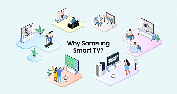 تظهر أجهزة Samsung TV في أنواع مختلفة من غرف المعيشة ويظهر مستخدمون يستمتعون بشاشاتهم من خلال مشاهدة المباريات الرياضية، أو لعب الألعاب، أو عرض لوحات فنية ويستخدمون نظام التشغيل Samsung Tizen OS.