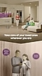 A woman carries two mugs to her husband who is sitting on the couch. The kitchen nearby has a refrigerator, dishwasher, cooktop, and hood. A robot vacuum cleaner cleans the floor. Take care of your loved ones wherever you are. Below, another couple stands together. The man holds a smartphone and says Appliance tell us about parents' well-being! The woman points to his phone and says How about calling them for dinner?