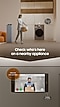 A woman carrying a laundry basket hears a doorbell ring from the washer. It says  someone is at the door. Check who's here on a nearby appliance. Below, a close-up of smartphone. Onscreen is a delivery guy holding packages. He says Here are your parcels! The AI Home on a washer is muted.