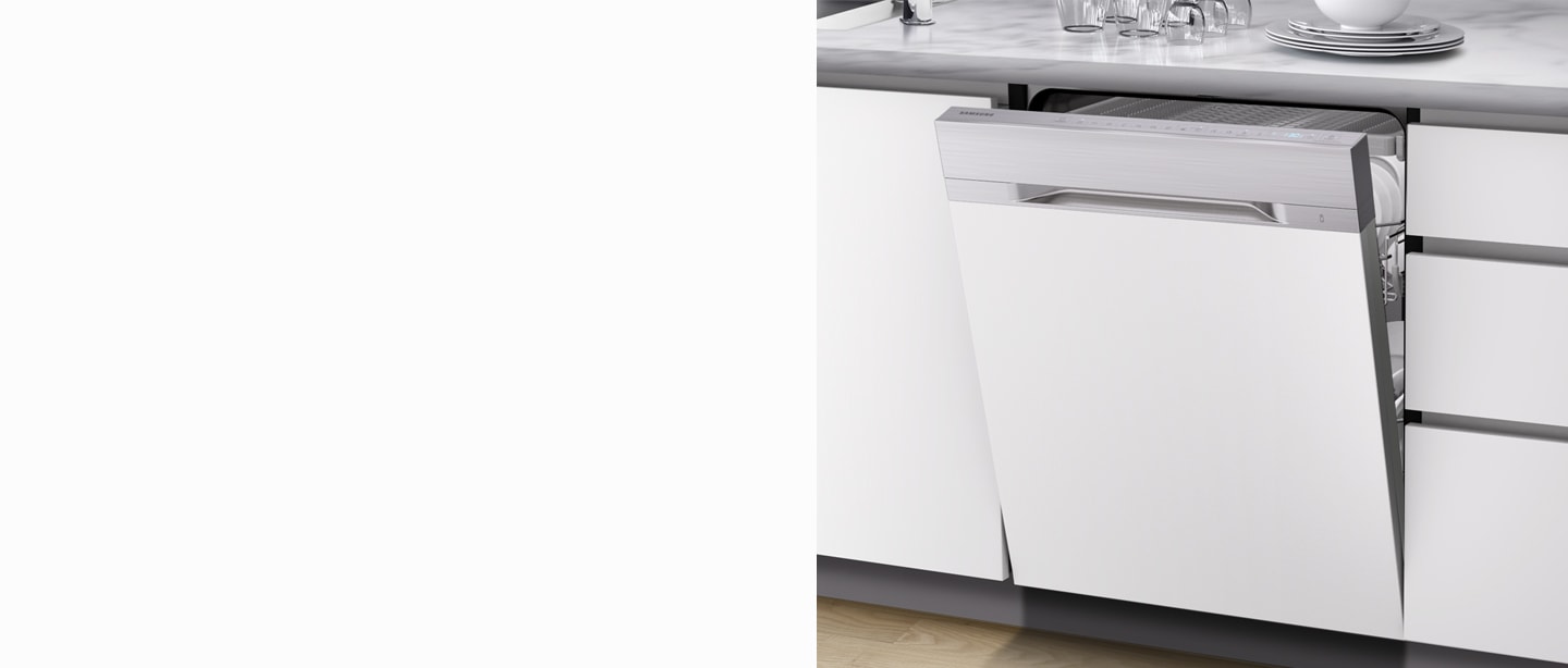 Dynamic angle of Modern interior kitchen with silver built-in Samsung dishwasher.