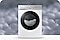 Samsung washing machine seen from the front with  laundry inside. Behind it is a close-up of bubble  texture.