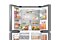 A Samsung 3-Door French Door fridge freezer in black stainless steel is shown with both top fridge compartment doors open, showing a variety of food items neatly organized inside.