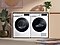 Samsung washing machine and dryer installed side-by-side under a counter. Both are seen from the front next to a potted plant.