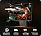 Odyssey 3D monitor shows a spacecraft coming out of the screen with Glasses-free 3D Experience, AI 3D Video Conversion, 165Hz Refresh Rate, 1ms Response Time (GtG) icons. Green and orange lights reflected on the bottom of the stand.