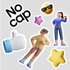 At the top left, a tilted sticker-like text reads "No cap." Below it, two characters and three icons decorate the scene like stickers. Centered is a confident young male character posing confidently. To his left is a 3D white thumbs-up hand icon with a blue sleeve. At the lower right is a yellow 3D star, above which stands a confident female character wearing running clothes. Above her is a yellow face emoji with sunglasses.