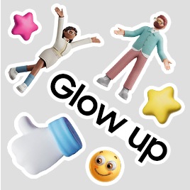 Centered slightly below is a sticker-like text reading “Glow up,” surrounded by decorative characters and icons. At the top left of the text, a stylish female character raises both arms, with a small pink 3D star icon to her left. At the top right of the text, a stylish male character spreads his arms, with a yellow 3D star icon placed below his right side. Beneath the text are a 3D thumbs-up hand with a blue sleeve and a yellow face emoji with a satisfied expression.