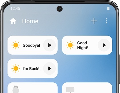 SmartThings Home screen with a list of device cards