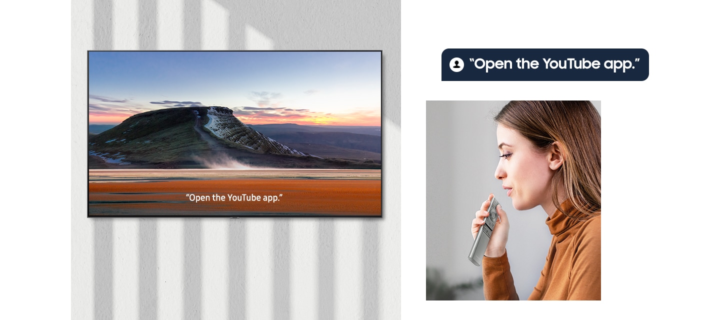 To demonstrate how the Samsung TV Remote Control is convenient and quick for searching contents, a woman is saying \"Open the YouTube app\" into the Samsung Smart TV remote. A wall mounted Smart TV is then shown opening directly the YouTube app.