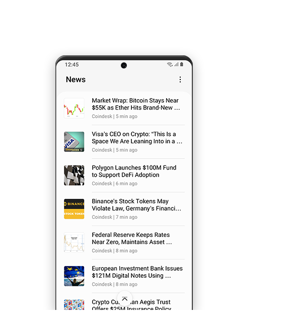 En simulering av Samsung Blockchain Wallet-appens grafiska användargränssnitt som visar en lista över olika artiklar och nyheter relaterat till virtuella tillgångar.