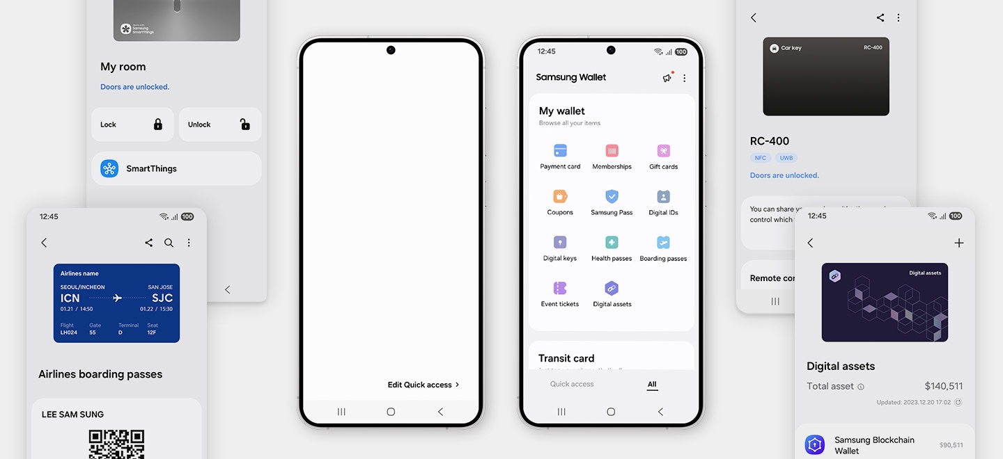 I mitten visar två smartphones de olika digitala värdesaker som kan lagras i Samsung Wallet. Den ena skärmen visar dem som kategorier på startskärmen i Samsung Wallet, medan den andra skärmen visar dem staplade som kort i vyn för snabbåtkomst. De smarta telefonerna omges av GUI-skärmar som var och en visar en enskild värdehandling, t.ex. en rumsnyckel, en bilnyckel, ett boardingkort och olika slags ekonomiska digitala värdehandlingar.
