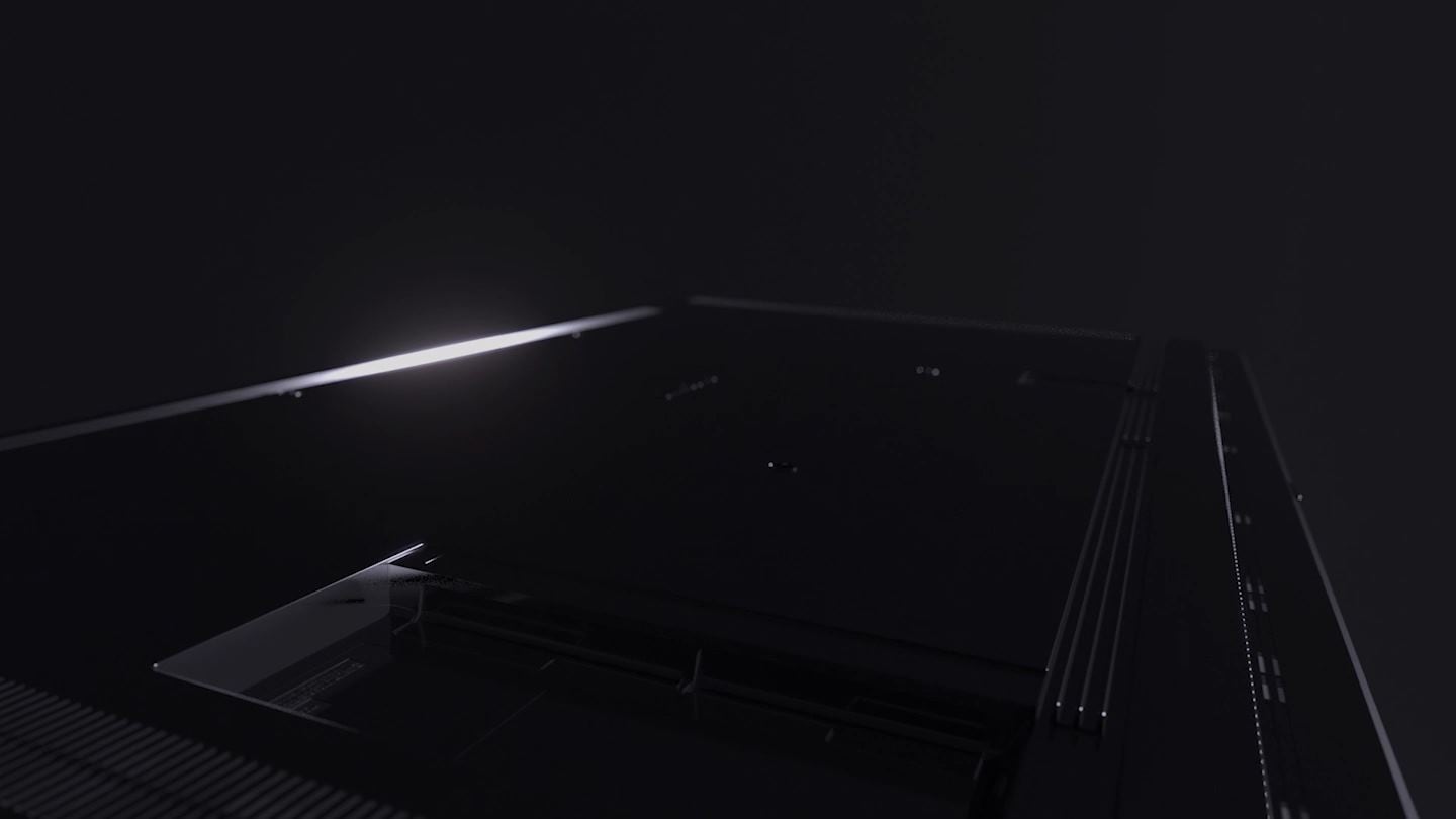 A side view of the QxB. It gradually closes up and changes to a figure with the power connector on the back connected. It changes to the rear view without the power connector. On the wall, other products and QxB are installed side by side. In other products, the distance from the wall is increased due to the power connector, while the arrow indicates that the QxB is in close contact with the wall. The back side of QxB with other products is shown, other products disappear, and the rear connector line of QxB appears.