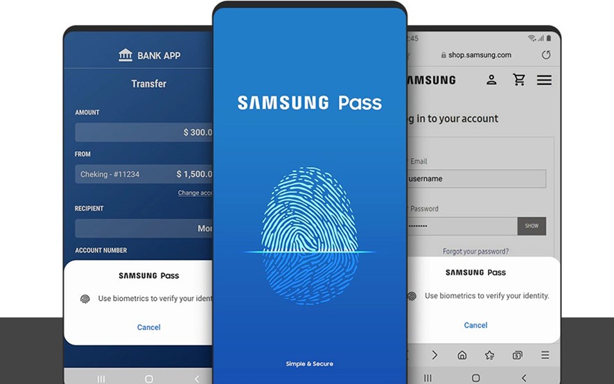 Ett kollage av tre bilder på Samsungtelefoner där den främsta visar upp Samsung Pass. De två skärmarna bakom visar sidor där man kan logga in med hjälp av Samsung Pass.