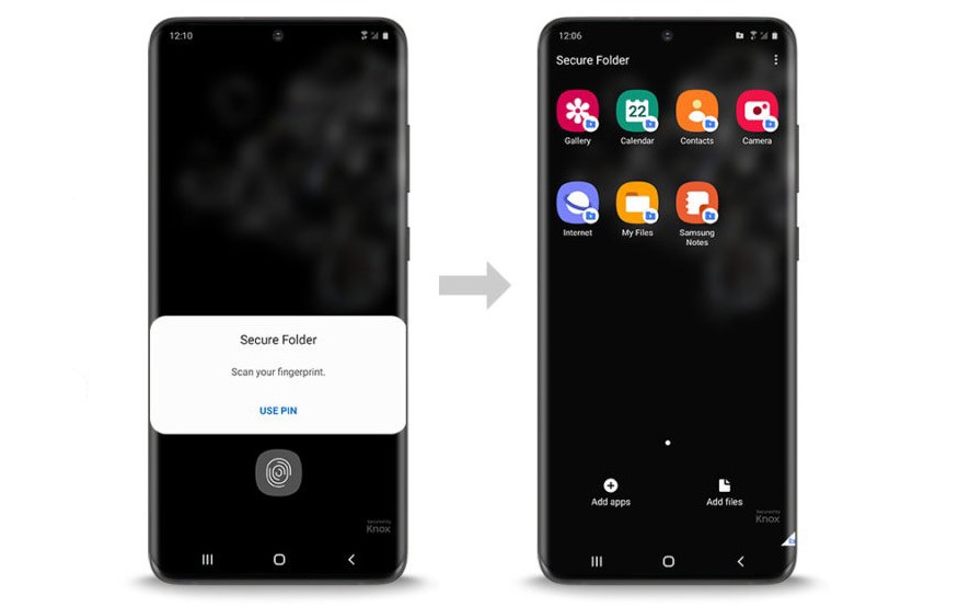 En bild av två stycken Samsungmobiler där den ena skärmen visar en låst mapp som kräver inloggning och den andra skärmen visar innehållet i den låsta mappen.