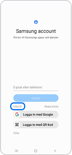 Steg 1. Öppna sidan för inloggning till ditt Samsung-account och välj ”Hitta ID”.