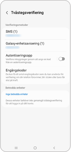 Skärmen för tvåstegsverifiering med alternativen "SMS", "Autentiseringsapp" och "Engångskoder" markerade.