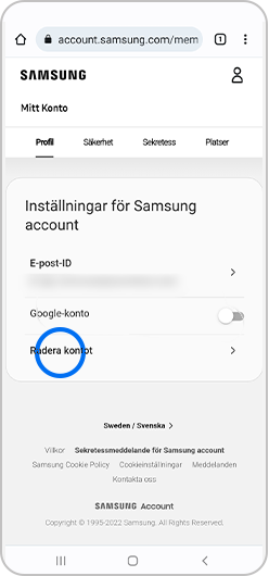 Längst ner på sidan väljer du Radera kontot.