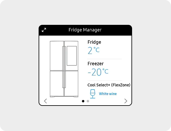 3Fridge Manager-appen på ett Family Hub kylskåp som visar temperaturen i kylskåp och frys.
