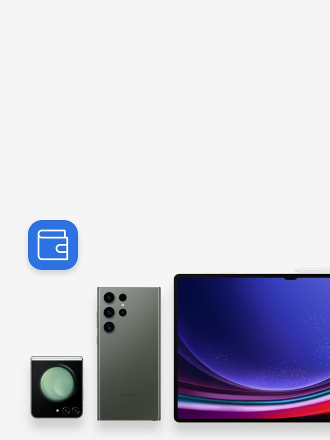 On the top left lies the Samsung Finance icon. Below this is a line up of Samsung products. Rear screen of Galaxy Z Flip5 next to camera view of a Galaxy S24 Ultra next to the screen of a Galaxy Tab S9 Ultra.