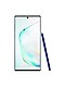 Samsung Galaxy Note10 + står upprätt med en blå S Pen lutad mot sin sida