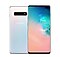 Baksidan på en Prism White Galaxy S10+-telefon med framsidan av en svart Galaxy S10+-telefon som ligger lite ovanpå
