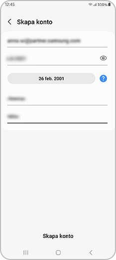 Exempel på födelsedatum när ett Samsung-konto skapas