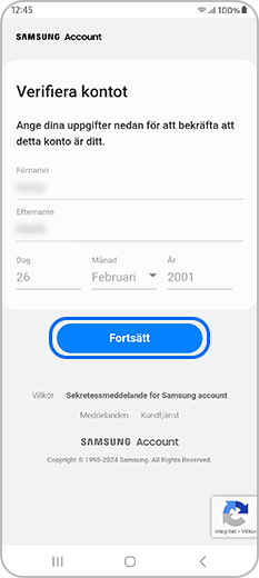 Ange ditt födelsedatum på Samsung-kontot och fortsätt