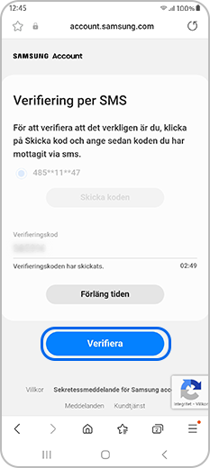 Verifikationskod mottagen via SMS