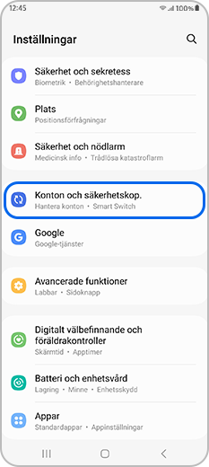 Konton och säkerhetskopiering i Inställningar